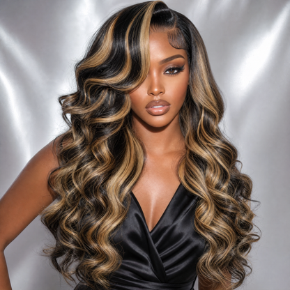 Loose Curl 36" wig, black base with golden blonde highlights, 1b/27, HD lace 13x6 worn by model