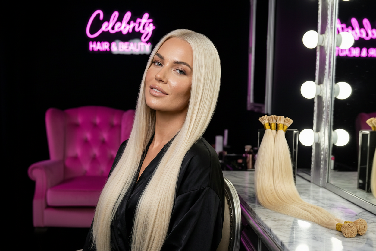 Celebrity Hair & Beauty I Tip Hair Extensions in natural Remy human hair, light blonde (#613) with mint green tips, styled for length and volume.
