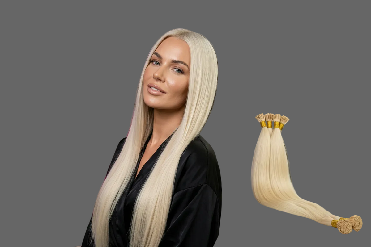 Celebrity Hair & Beauty I Tip Hair Extensions in natural Remy human hair, light blonde (#613) with mint green tips, styled for length and volume.
