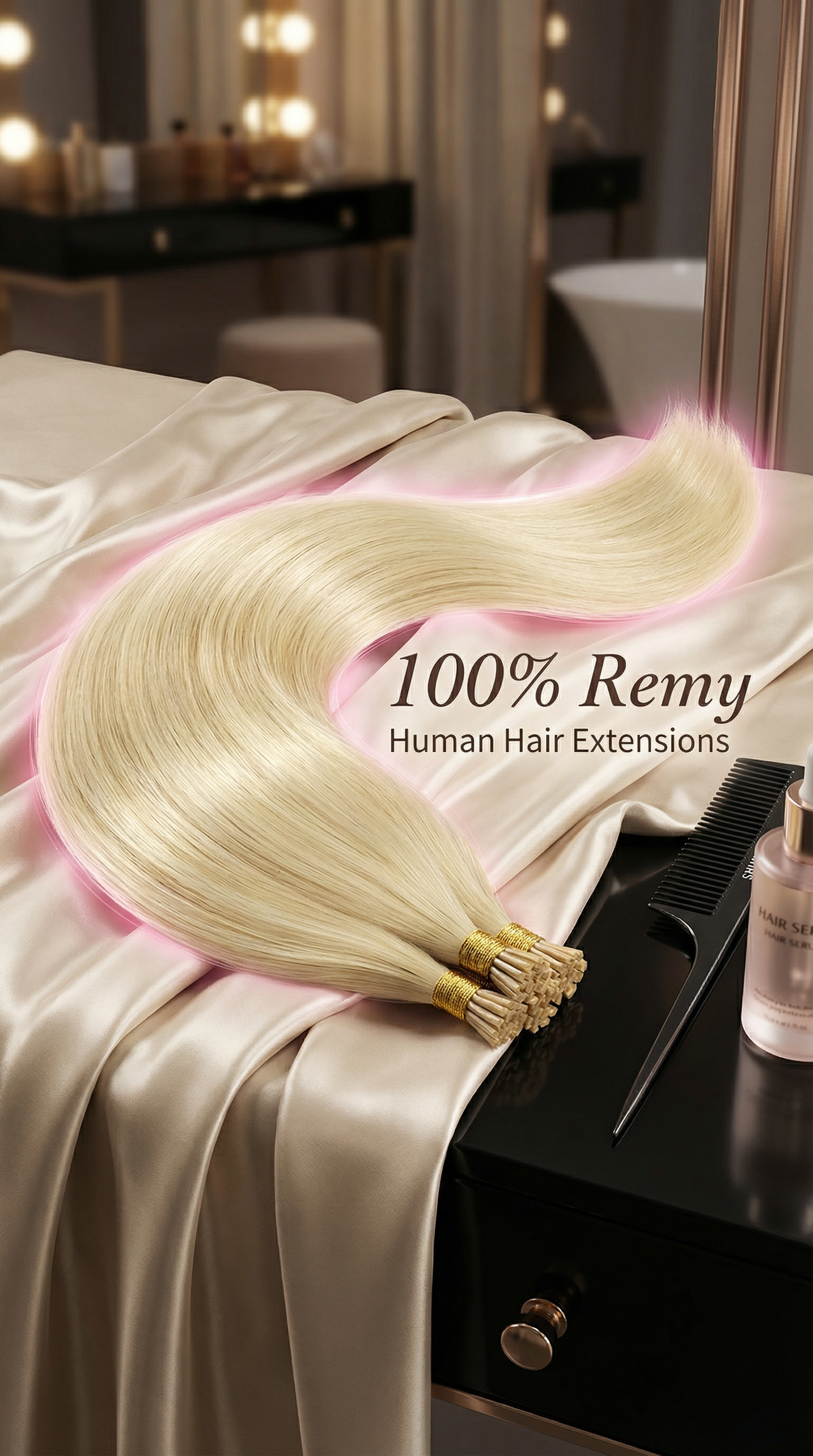 Natural Remy human hair I tip extensions in light blonde (#613) by Celebrity Hair & Beauty, shown in a close-up image.