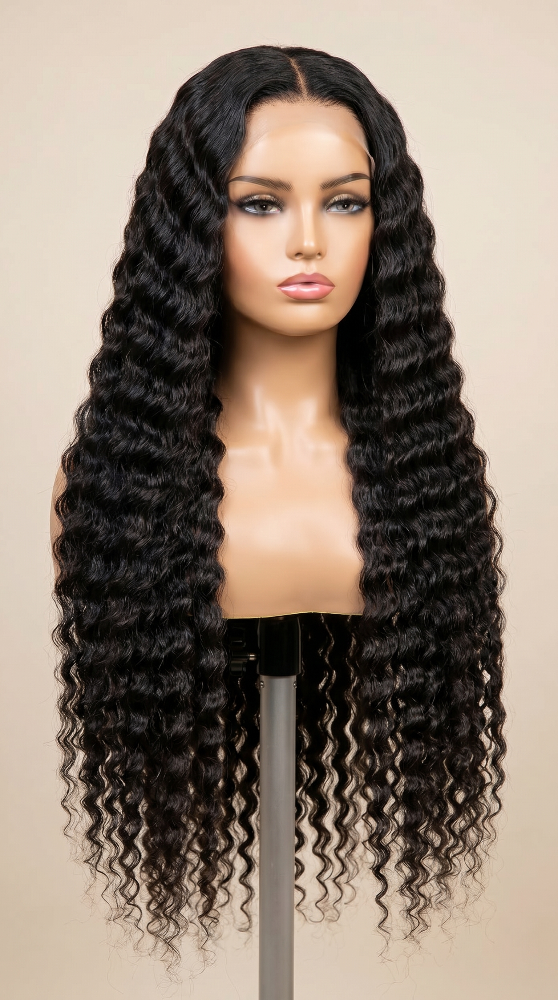 Deep wave Cambodian virgin human hair wig with transparent lace from Celebrity Hair & Beauty, showing the frontal wig with wavy texture.
