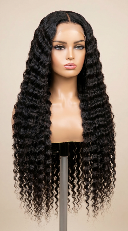 Deep wave Cambodian virgin human hair wig with transparent lace from Celebrity Hair & Beauty, showing the frontal wig with wavy texture.