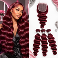 Burgundy Loose Deep Wave Bundles with Closure Human Hair with 4X4  Lace Closure Grade 12a