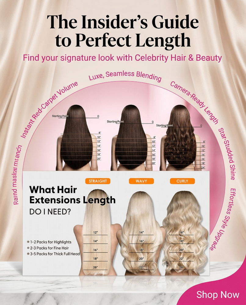 Straight natural black Remy human hair extensions from Celebrity Hair & Beauty, displayed in a neat bundle with individual strands visible.