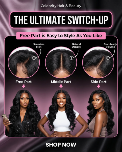 Three models show Body Wave HD Lace Free Parted Closures (12A) with 13x4 lace fronts; free, middle, and side parts.
