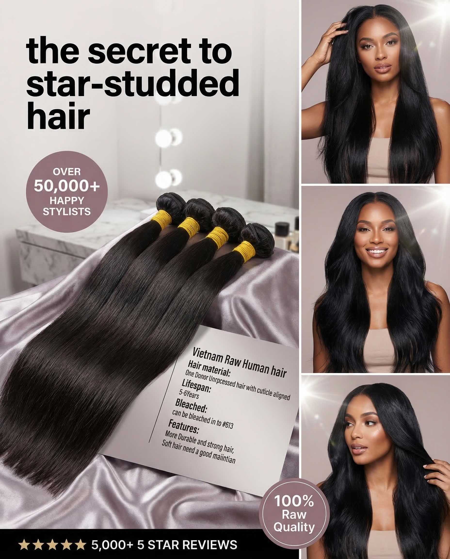 Raw Vietnam Hair Bundles Straight 10-30'' premium virgin straight bundles, 100% raw quality, shown on models.