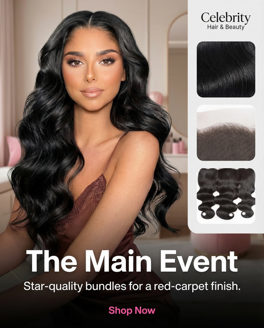 Model with long, glossy Body Wave HD Lace Free Parted Closures 12A Human Hair for a natural-looking hairline.