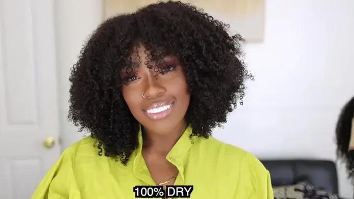 Kinky Curly Wig-Glueless Wig Short Fringe Bob With Bangs 180 Density.