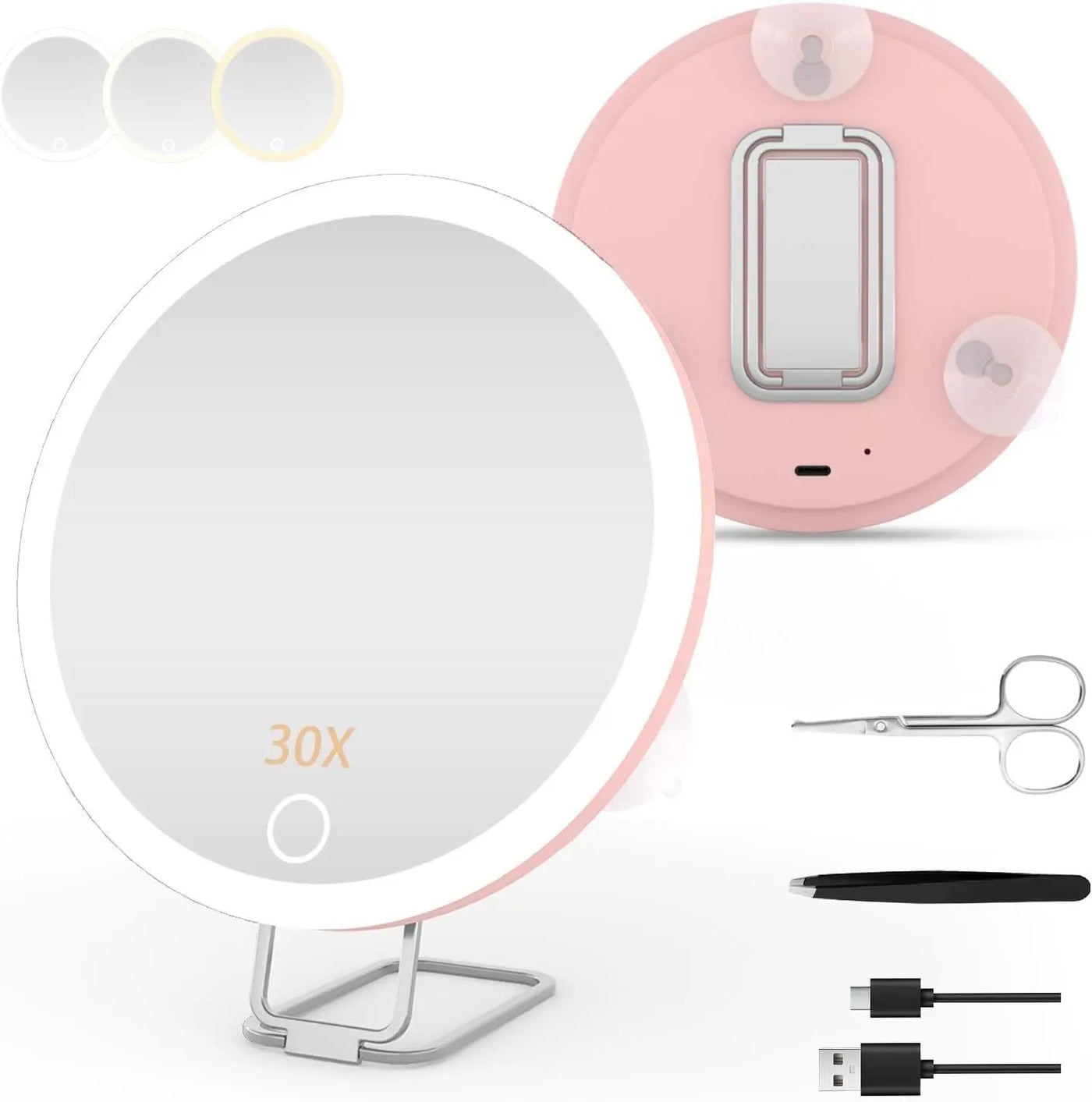 Charging Led Fill Light With Light Bracket Rotating Makeup Mirror Pink Stand Tweezers Scissors