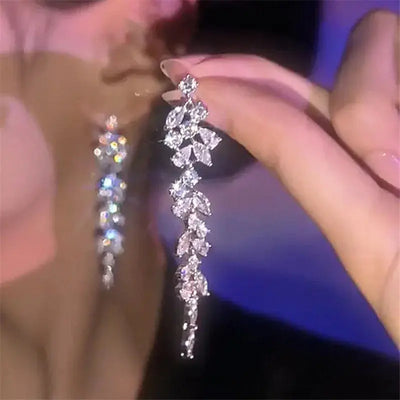 Luxury Leaf Crystal Long Earrings Rhinestone Drop Earrings