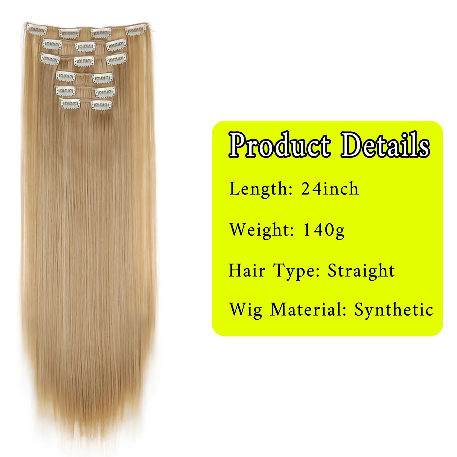 24Inch 16 Clips in Hair Extensions Long Straight Synthetic Hair