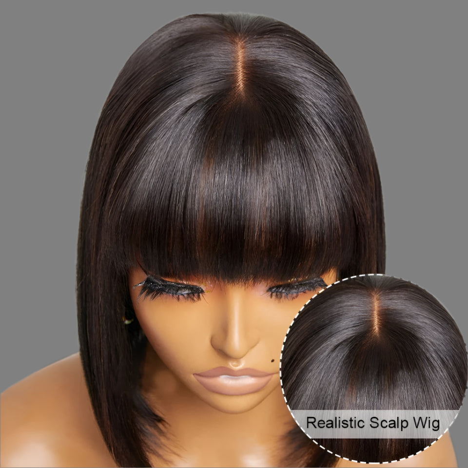 Brazilian Straight Bob Lace Wigs Glueless Straight Human Hair Wigs With Bangs Fringe Middle Part Bob Lace Wigs
