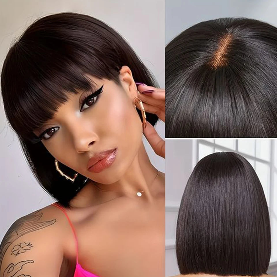 Brazilian Straight Bob Lace Wigs Glueless Straight Human Hair Wigs With Bangs Fringe Middle Part Bob Lace Wigs