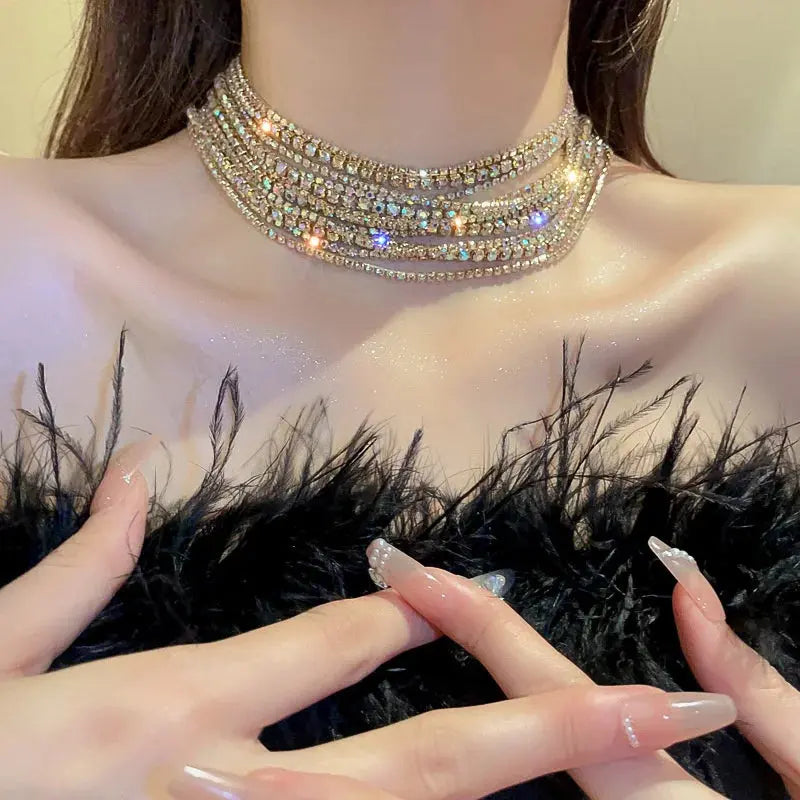 Multilayer Gold Color Chain Rhinestone Necklaces