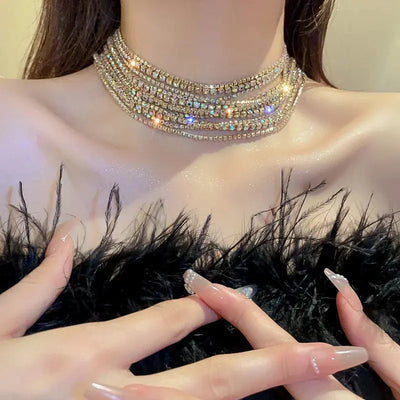 Multilayer Gold Color Chain Rhinestone Necklaces