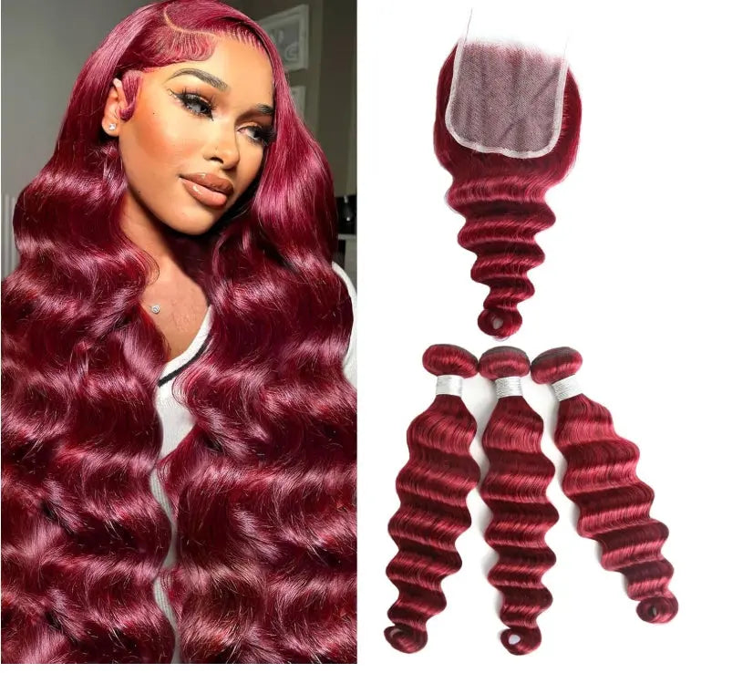 Burgundy Deep Wave Human Hair bundle with closure showing luxurious waves and glossy finish.