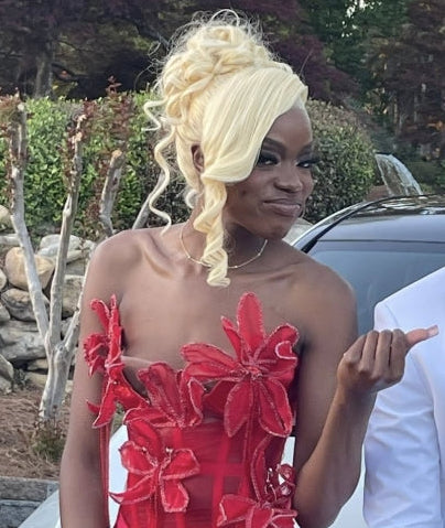 Blonde loose curl 360 lace wig by Celebrity Hair & Beauty, showcasing human hair with soft, flowing curls and lace front design.