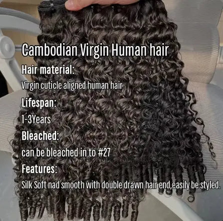 Cambodian virgin curly human hair bundles; silk-soft, double-drawn, bleachable to #27, 1–3 year lifespan.