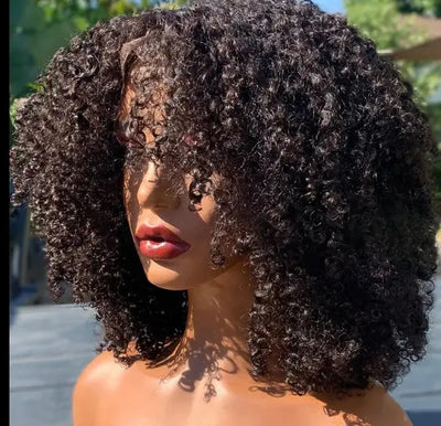 Afro Jerry Curly Wig Glueless Full Lace Front Human Hair Wigs With Bangs 200% Density deep curly hd lace