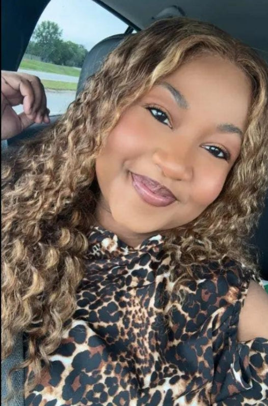 Blonde Indian lace wig with deep loose curls, 24 inches, pre-plucked, HD lace, 180% density, from Celebrity Hair & Beauty extensions.
