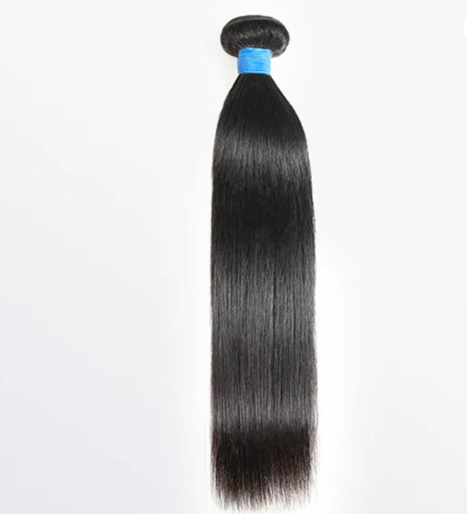Straight Brazilian virgin hair bundle, 10-30 inches, jet-black, secured with a blue band.