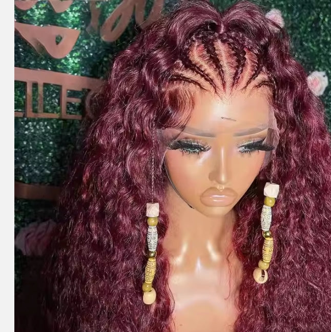13x4 Lace Braid Wigs Human Hair Afro Kinky Curly 16inch Burgandy