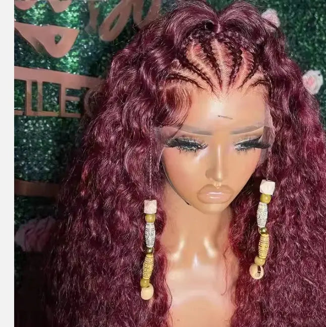 13x4 Lace Braid Wigs Human Hair Afro Kinky Curly 16inch Burgandy