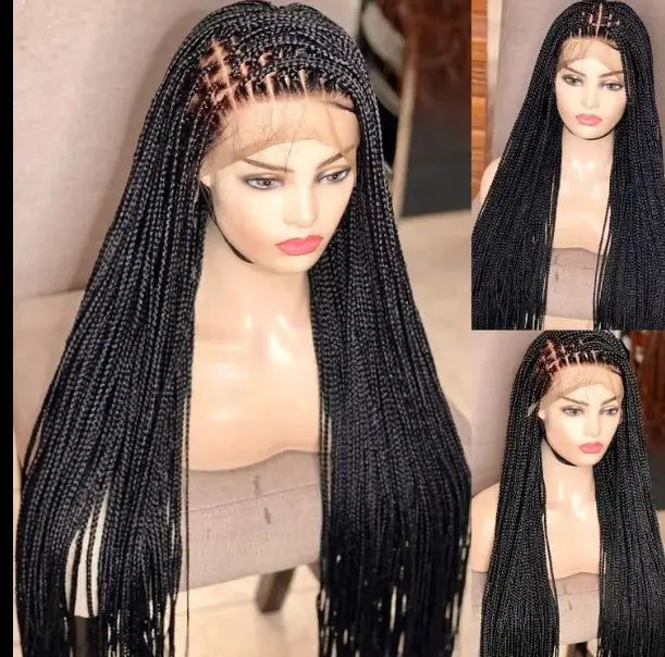 Handmade micro cornrow box braided wig, glueless knotless lace-front, 32-inch heat-resistant synthetic wig.