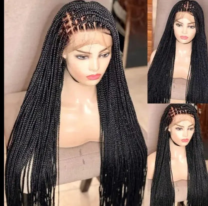 Handmade micro cornrow box braided wig, glueless knotless lace-front, 32-inch heat-resistant synthetic wig.