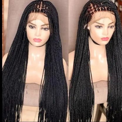 Two mannequins wear handmade micro cornrow box braided wigs, glueless knotless lace-front, heat-resistant 32 inches.