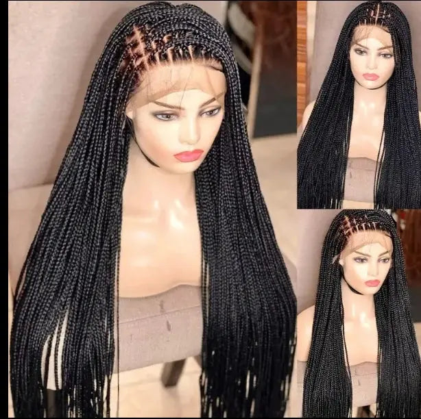 Handmade micro cornrow box braided lace-front wig, 32-inch heat-resistant synthetic hair, glueless knotless.
