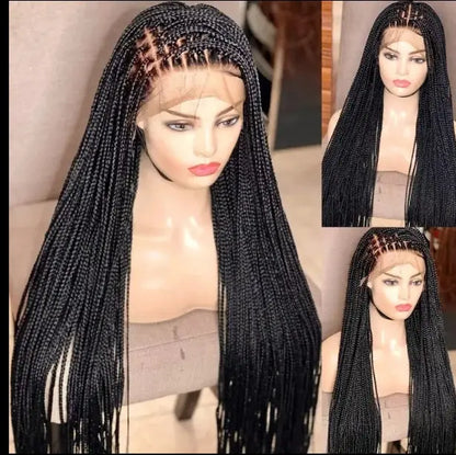 Handmade micro cornrow box braided lace-front wig, 32-inch heat-resistant synthetic hair, glueless knotless.
