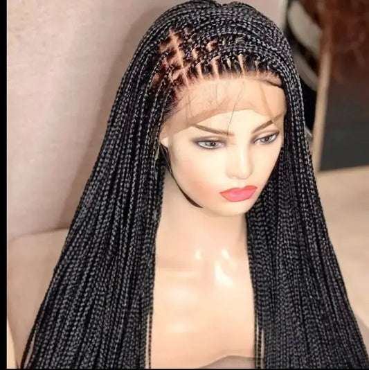 Mannequin head wearing 32-inch handmade micro cornrow lace-front wig, glueless knotless, heat-resistant synthetic hair