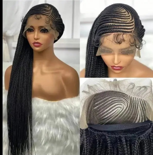 Mannequin wearing 36-inch heat-resistant full-lace braided synthetic wig with a lace front, long black box braids.