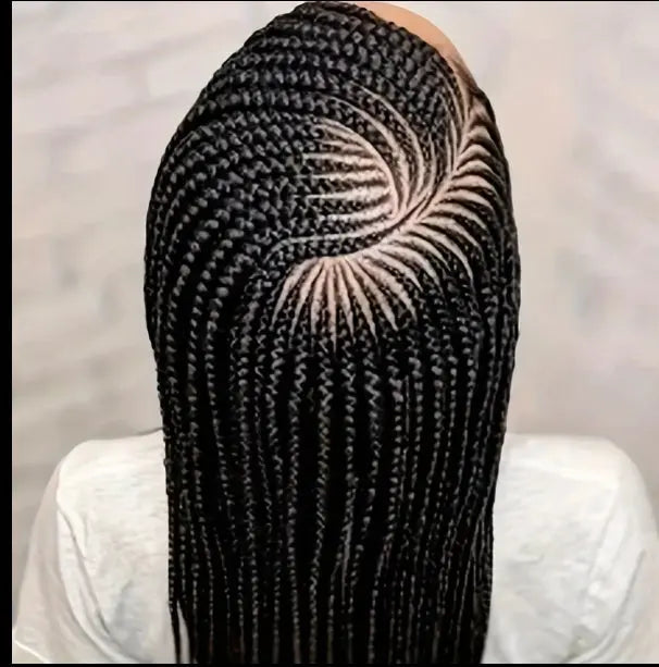 Top view of a 36-inch full-lace braided synthetic wig with a radial cornrow crown and long braids.