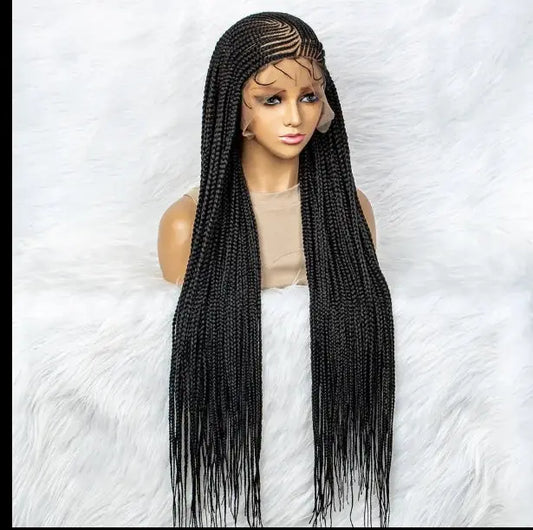 36-inch heat-resistant full-lace braided synthetic wig with lace front on a mannequin.