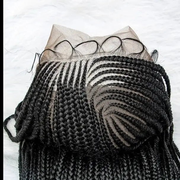 36-inch black full-lace braided synthetic wig with lace front, heat-resistant box braids.