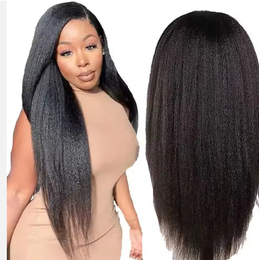 Front and back views of a model wearing a 30-inch high-quality Virgin Remy kinky-straight wig; long natural black hair.