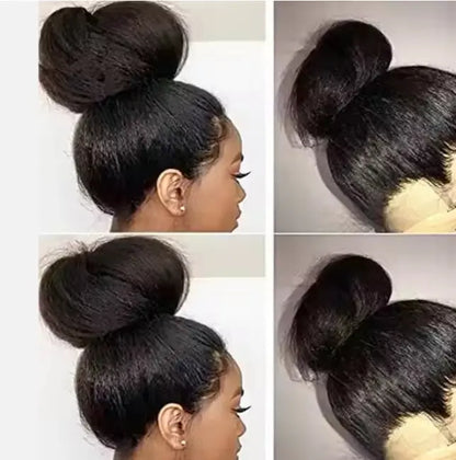 30 Inch Virgin Remy Human Hair Wig Kinky Straight styled in a voluminous high bun.