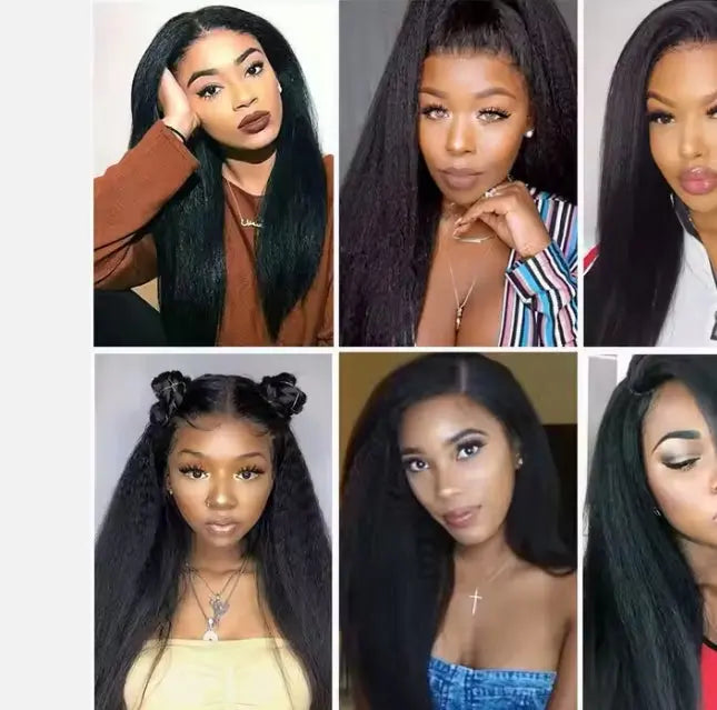 Collage of models modeling 30-inch virgin Remy human hair kinky straight wigs.