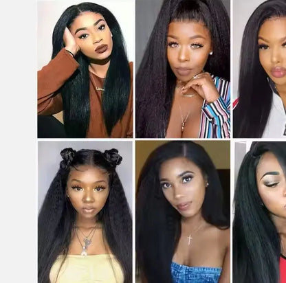 Collage of models modeling 30-inch virgin Remy human hair kinky straight wigs.