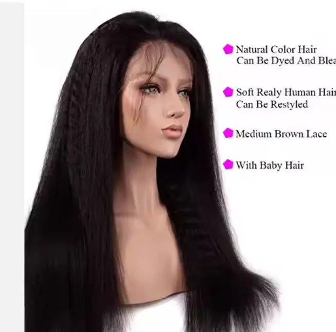 30-inch virgin Remy human hair wig, kinky straight, long black on mannequin.