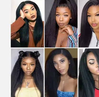 Six models showcase 30-inch Virgin Remy kinky straight wigs in black.