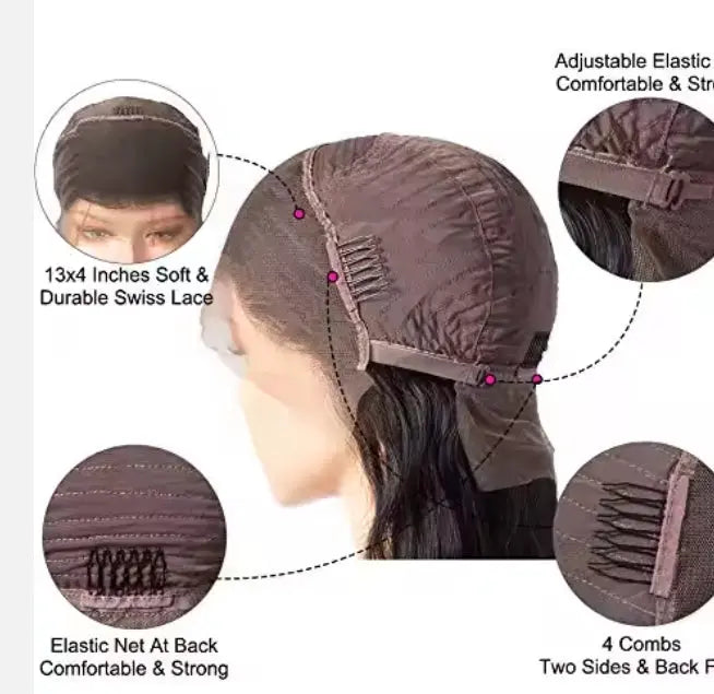 30 Inch Virgin Remy Human Hair Wig, Kinky Straight, 13x4 inch Swiss lace, adjustable elastic, back net, 4 combs.