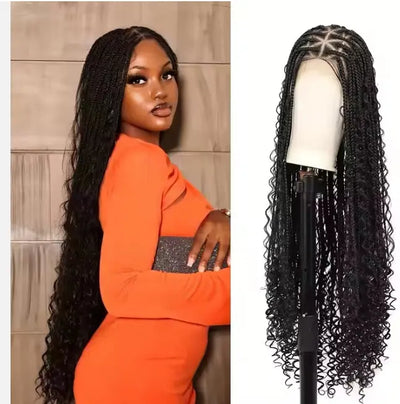Box Braids Wig Triangle Knotless for Women Curly SyntheticWigs 13X8 Inch HD Lace Front Knotless Braided Wig
