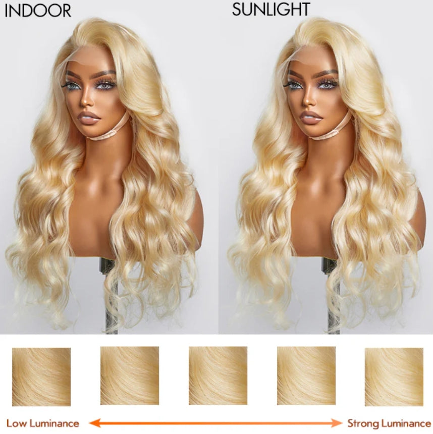 150% density #613 body-wave lace frontal wig, 13x4, 16-30 in, transparent lace, standard medium cap, indoor-sunlight.