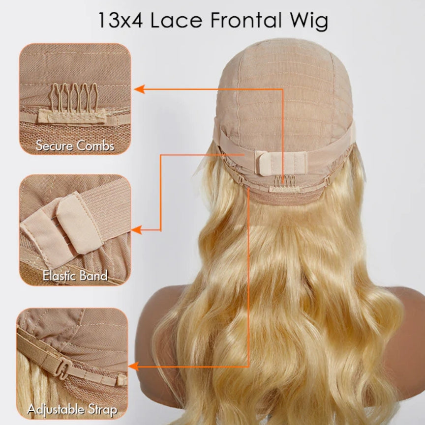 150% density 13x4 pre-plucked lace frontal wig, body wave, #613, 16–30 inches, transparent lace, standard medium cap.