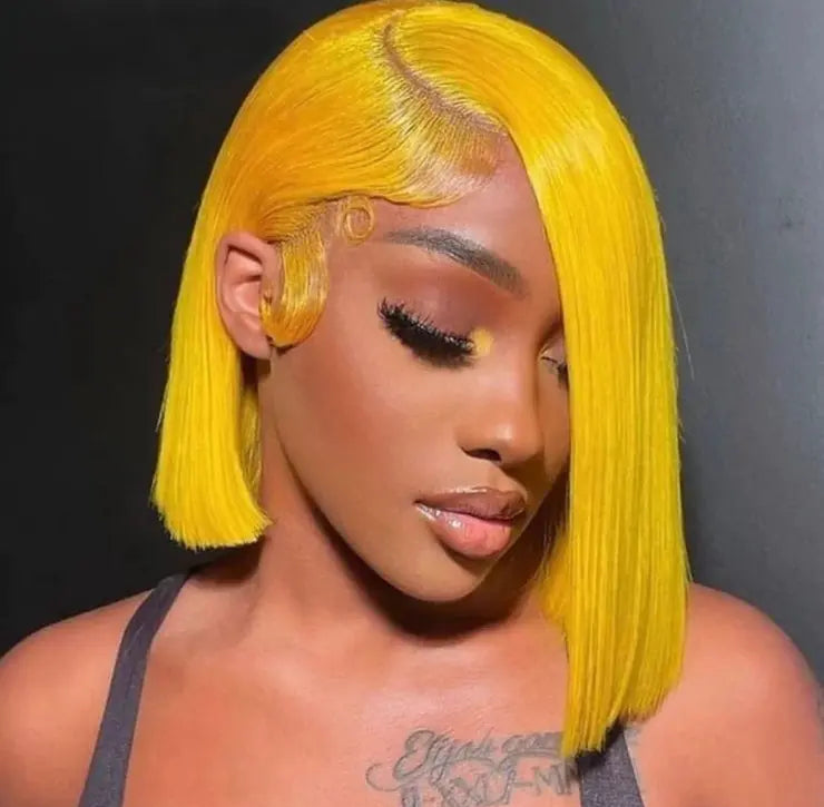 Stylish Lemon Yellow 13x4 Lace Front Bob Human Hair Wigs - Short Bob Wig Brazilian Remy Straight for trendy looks.