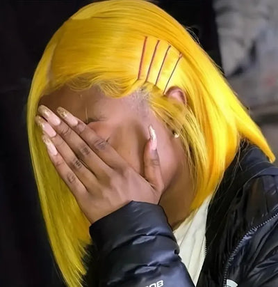 Lemon Yellow 13x4 Lace Front Bob Human Hair Wigs featuring a sleek, straight style and vibrant color for a stunning look.