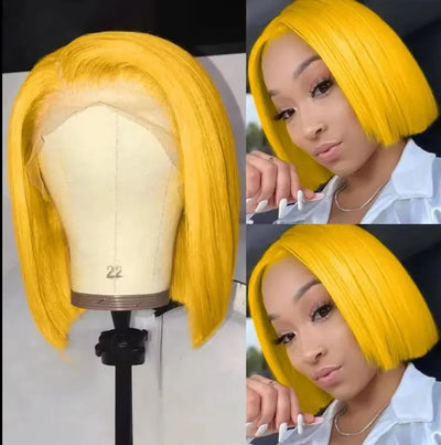 Lemon Yellow 13x4 Lace Front Bob Human Hair Wigs showcase vibrant style in Brazilian Remy straight design.